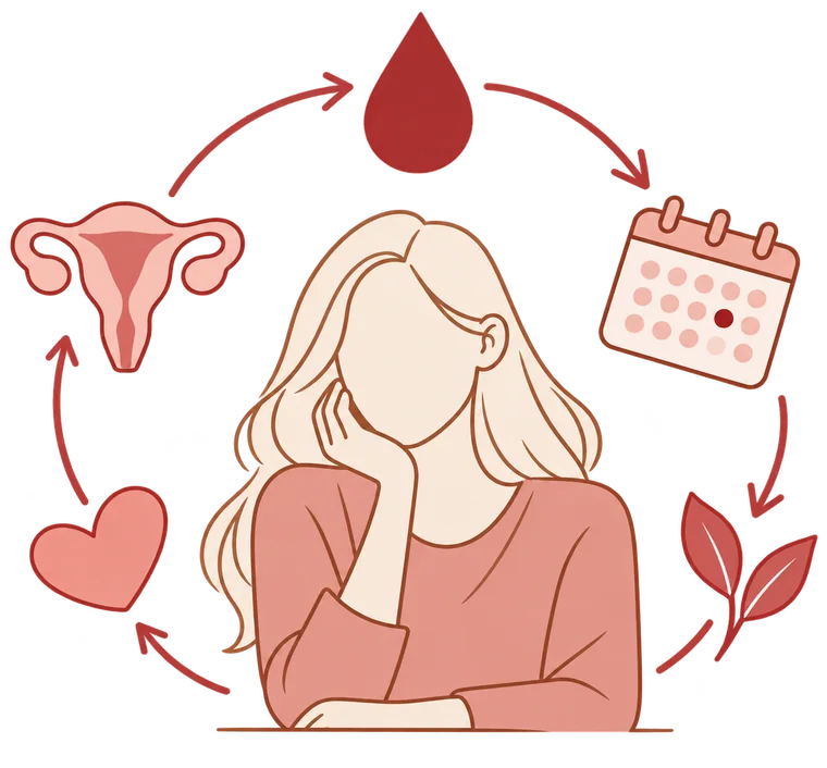 Illustration : une jeune femme pensive entourée des étapes du cycle menstruel